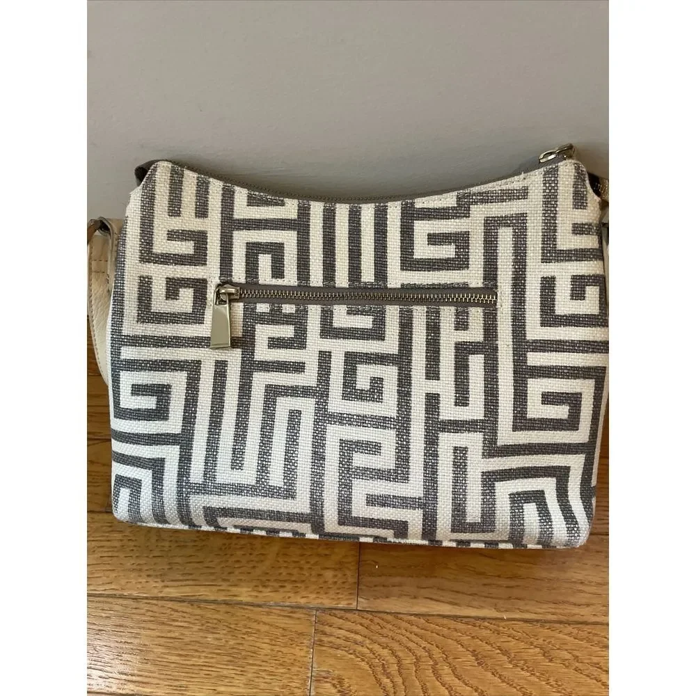 SPARTINA City Market Dixie Shoulder Bag De Renne Gray‎ Cream White Linen Leather